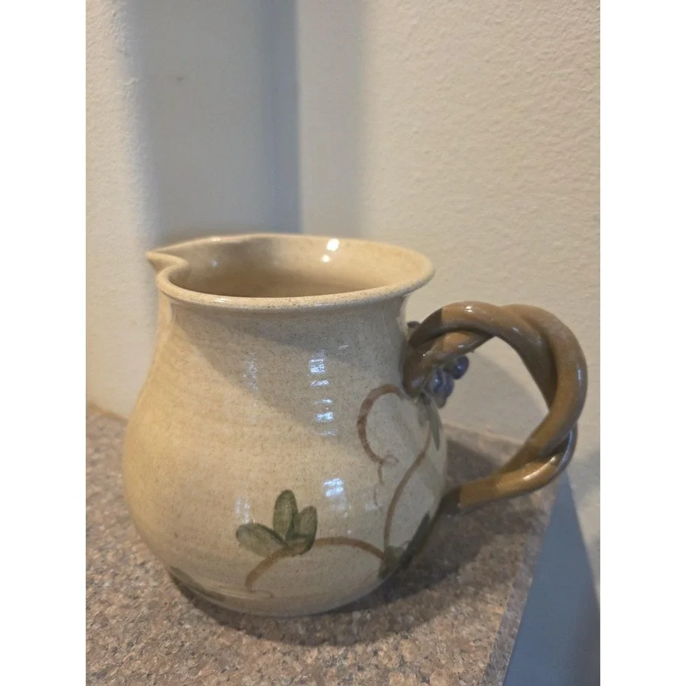 VTG Studio Pottery Pitcher Raised Grapes Twisted Handle Signed 6